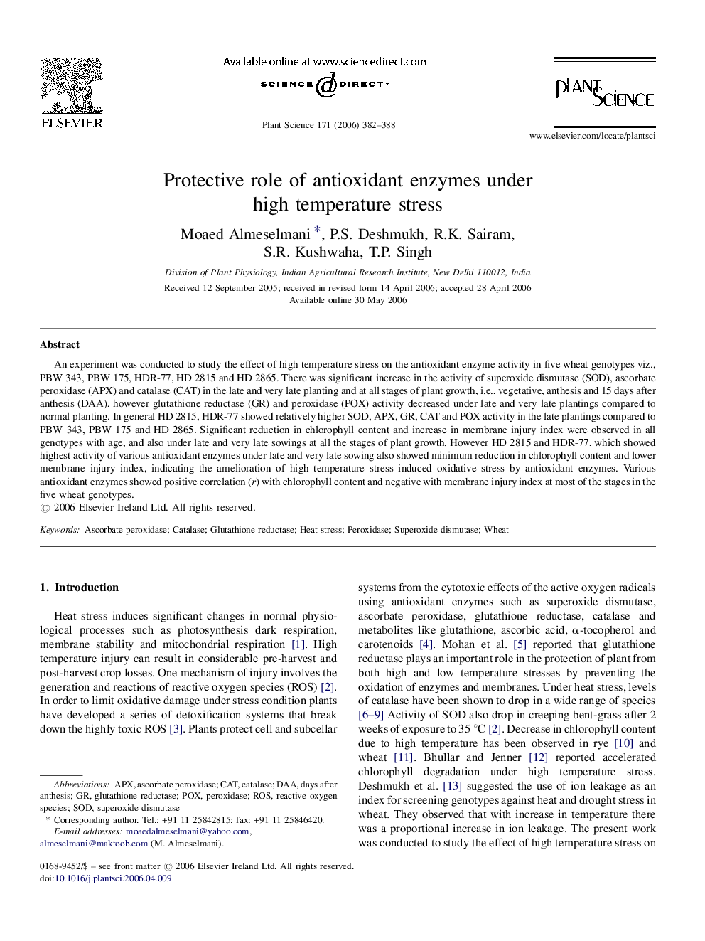 Protective role of antioxidant enzymes under high temperature stress