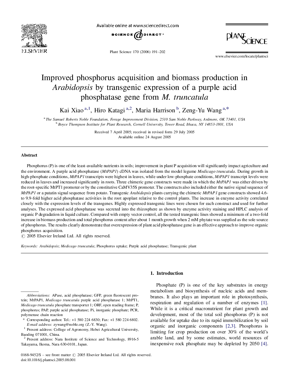 عکس صفحه اول مقاله: Improved phosphorus acquisition and biomass production in Arabidopsis by transgenic expression of a purple acid phosphatase gene from M. truncatula Improved phosphorus acquisition and biomass production in Arabidopsis by transgenic expression of a purple acid phosphatase gene from M. truncatula