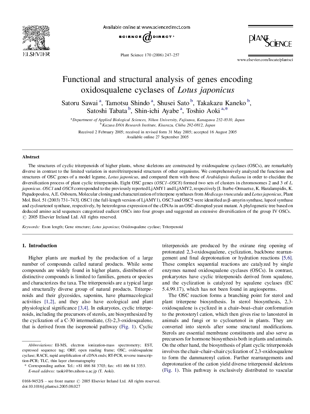 Functional and structural analysis of genes encoding oxidosqualene cyclases of Lotus japonicus