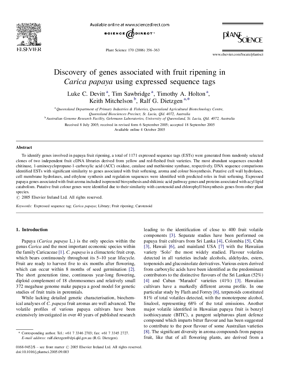 Discovery of genes associated with fruit ripening in Carica papaya using expressed sequence tags