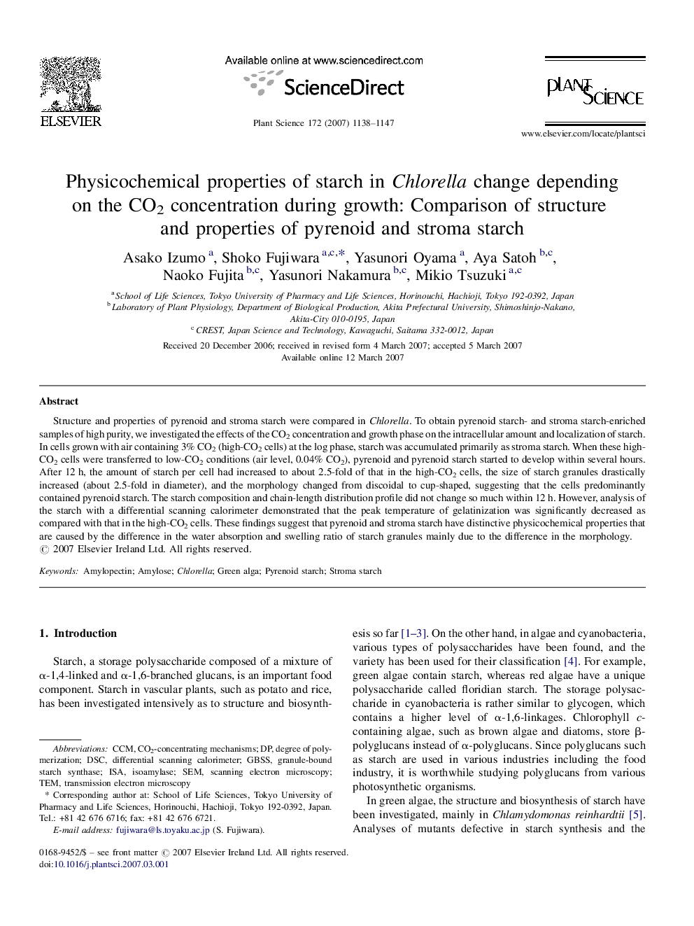 Physicochemical properties of starch in Chlorella change depending on the CO2 concentration during growth: Comparison of structure and properties of pyrenoid and stroma starch