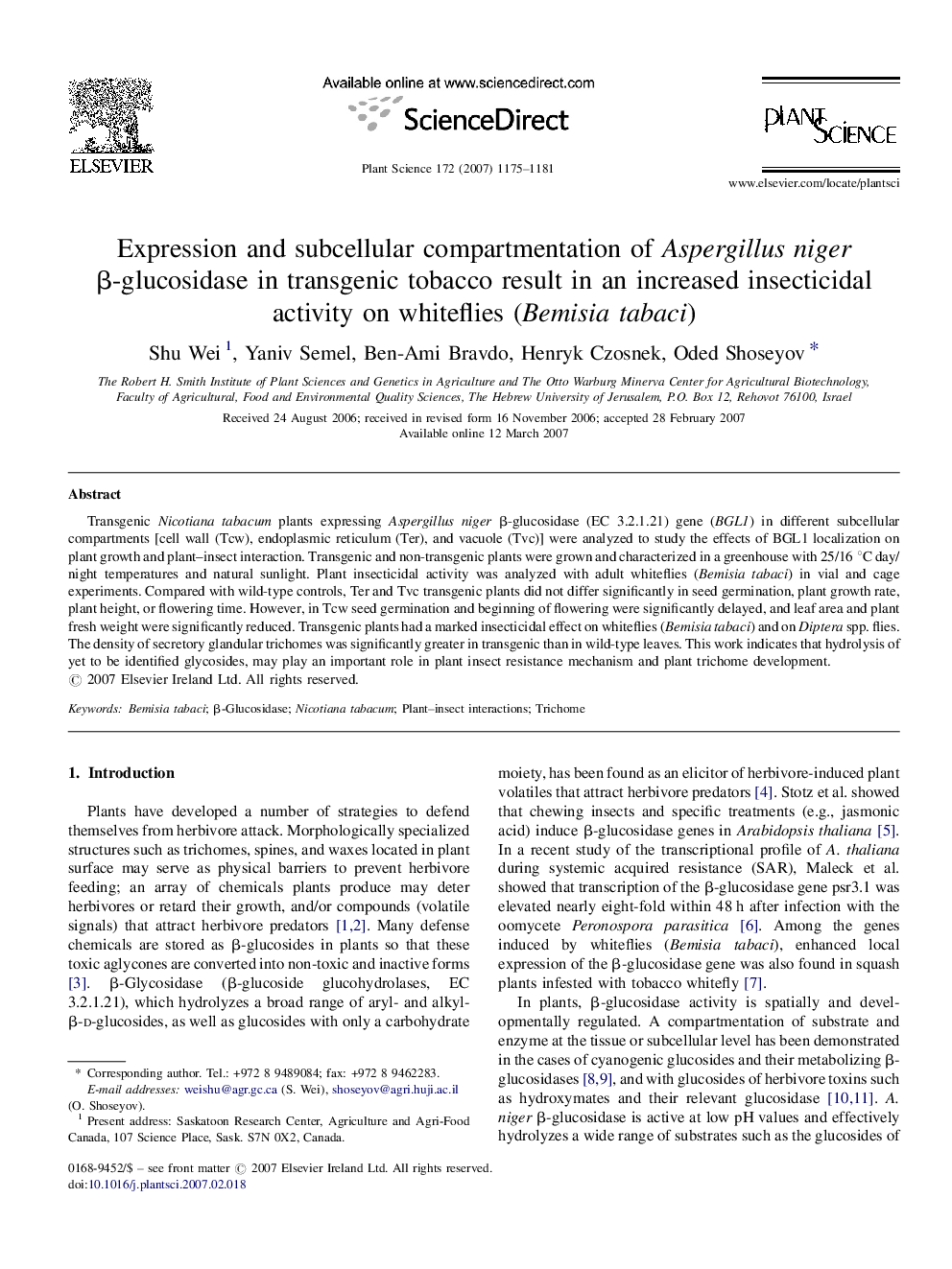 Expression and subcellular compartmentation of Aspergillus niger β-glucosidase in transgenic tobacco result in an increased insecticidal activity on whiteflies (Bemisia tabaci)