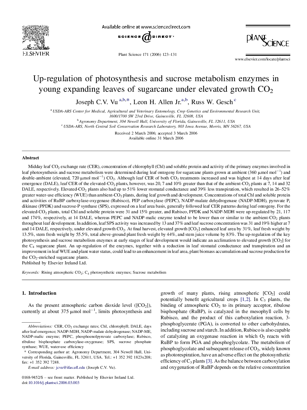 عکس صفحه اول مقاله: Up-regulation of photosynthesis and sucrose metabolism enzymes in young expanding leaves of sugarcane under elevated growth CO2 Up-regulation of photosynthesis and sucrose metabolism enzymes in young expanding leaves of sugarcane under elevated growth CO2