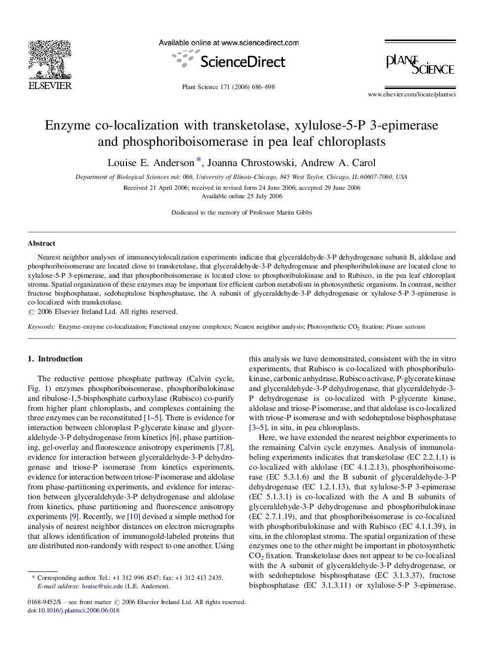 Enzyme co-localization with transketolase, xylulose-5-P 3-epimerase and phosphoriboisomerase in pea leaf chloroplasts