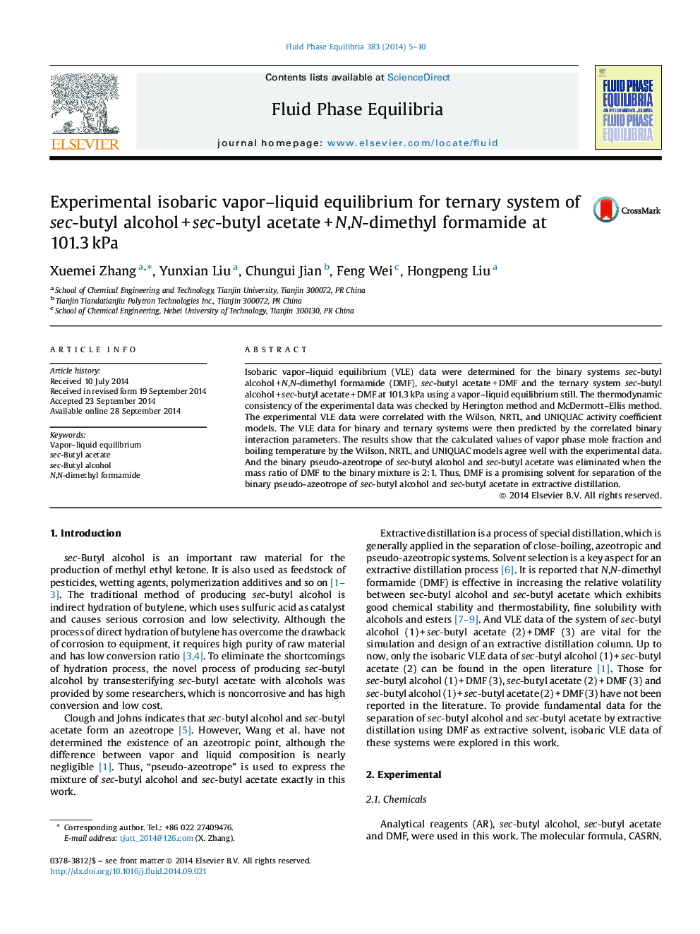 Experimental isobaric vapor–liquid equilibrium for ternary system of sec-butyl alcohol + sec-butyl acetate + N,N-dimethyl formamide at 101.3 kPa