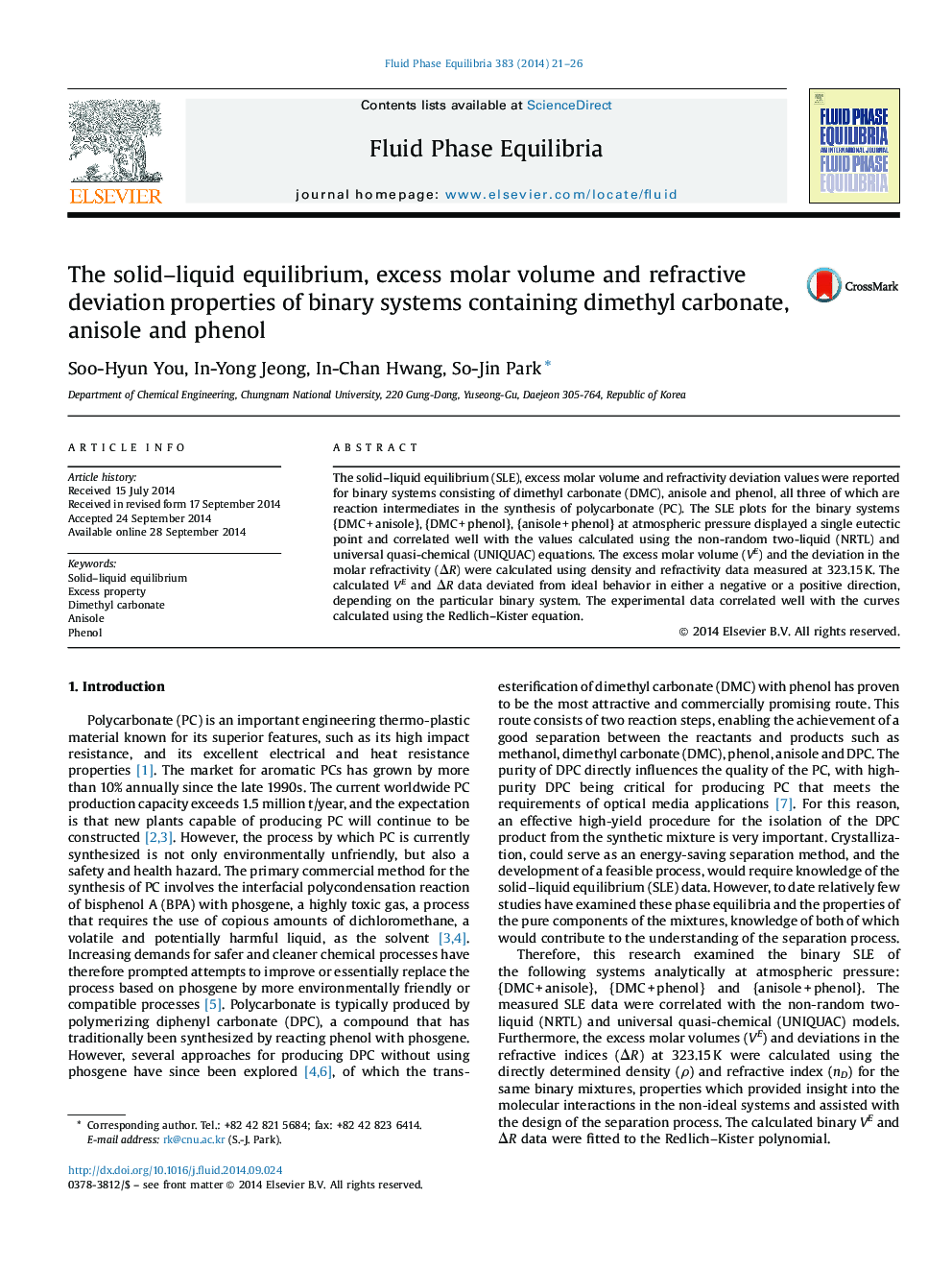 The solid–liquid equilibrium, excess molar volume and refractive deviation properties of binary systems containing dimethyl carbonate, anisole and phenol