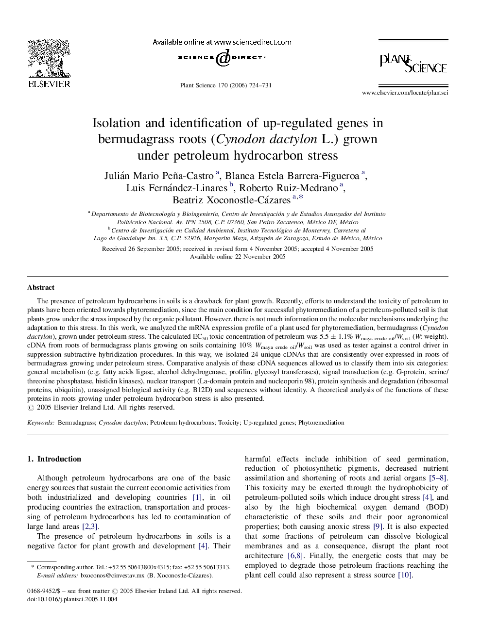 Isolation and identification of up-regulated genes in bermudagrass roots (Cynodon dactylon L.) grown under petroleum hydrocarbon stress