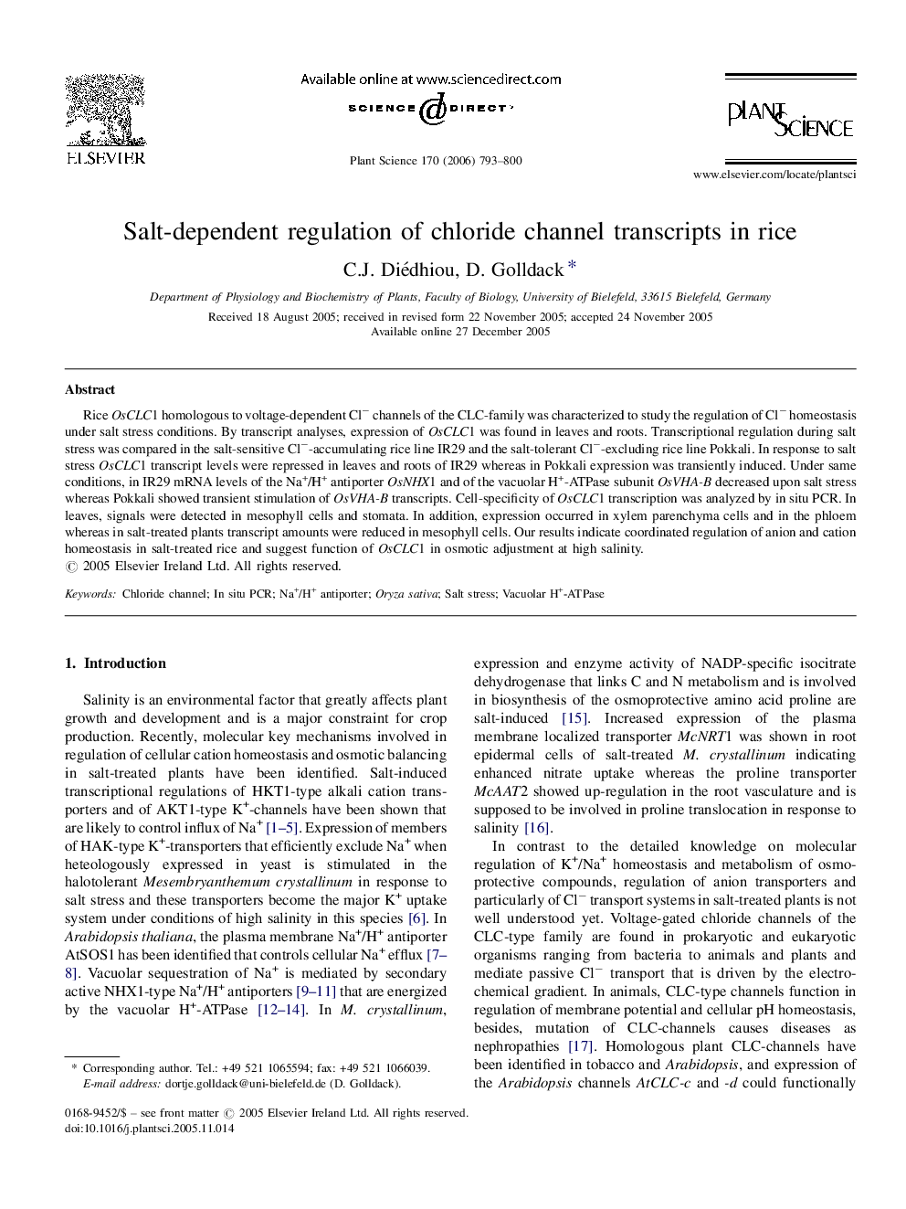 Salt-dependent regulation of chloride channel transcripts in rice