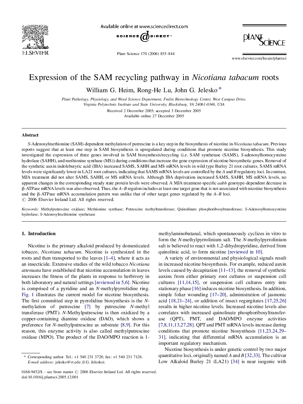 Expression of the SAM recycling pathway in Nicotiana tabacum roots