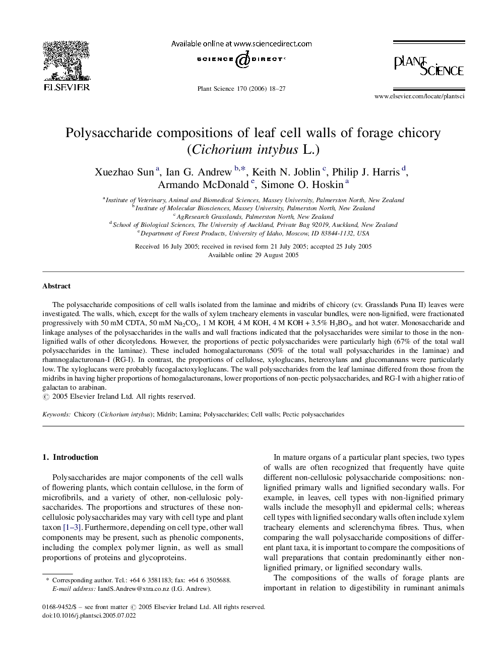 Polysaccharide compositions of leaf cell walls of forage chicory (Cichorium intybus L.)