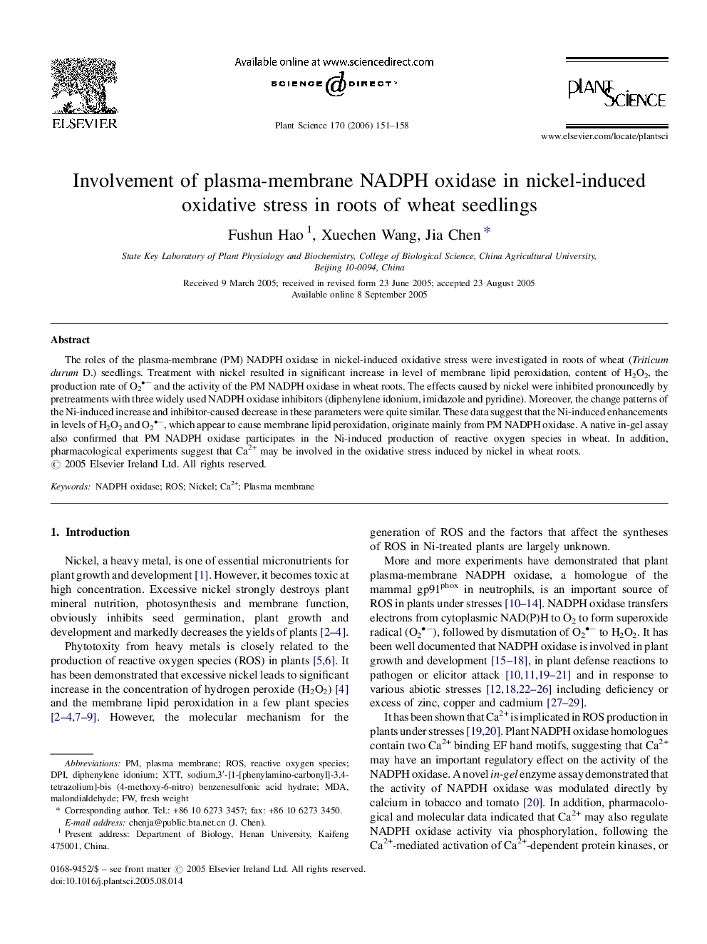 Involvement of plasma-membrane NADPH oxidase in nickel-induced oxidative stress in roots of wheat seedlings