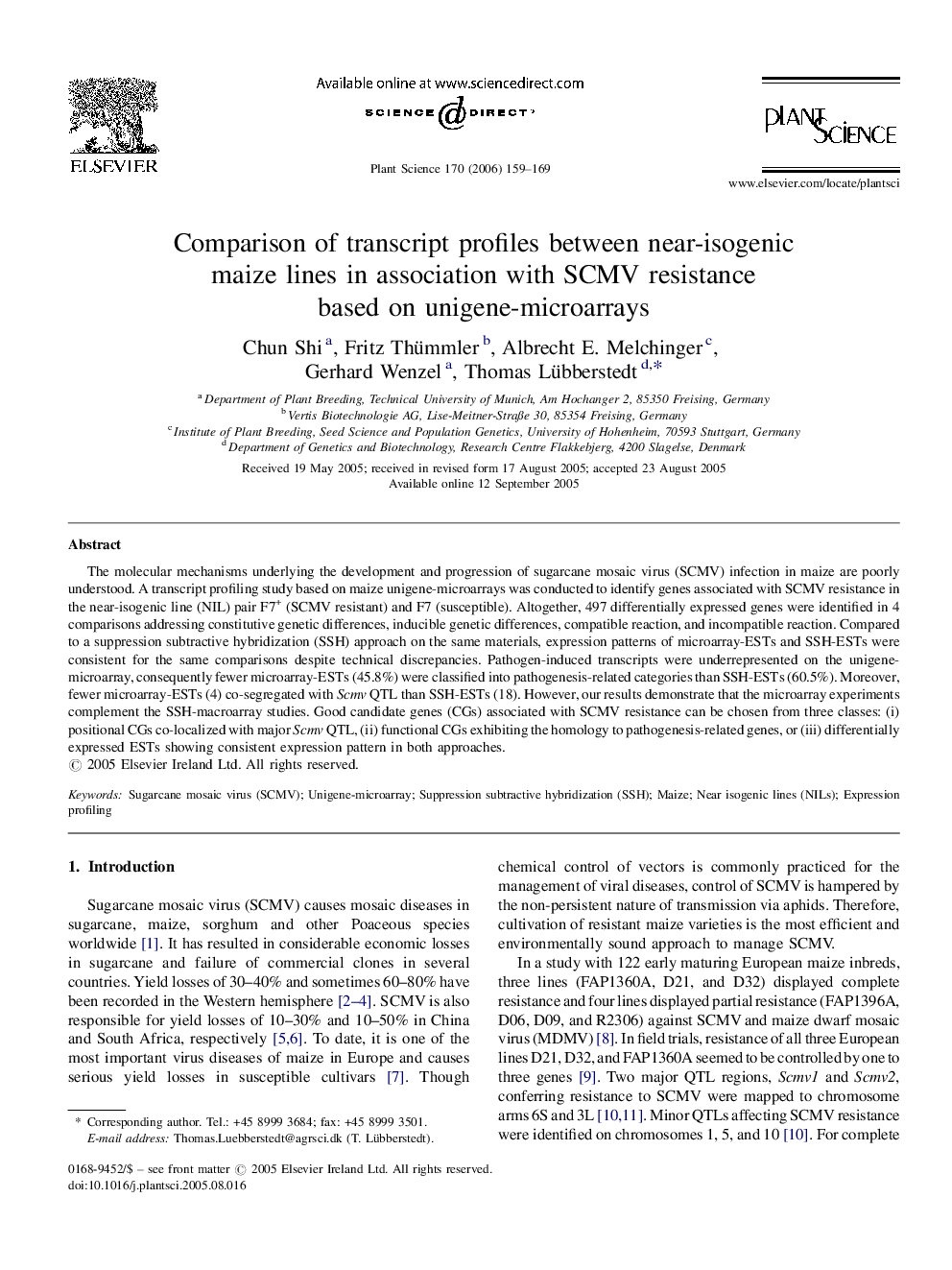 Comparison of transcript profiles between near-isogenic maize lines in association with SCMV resistance based on unigene-microarrays