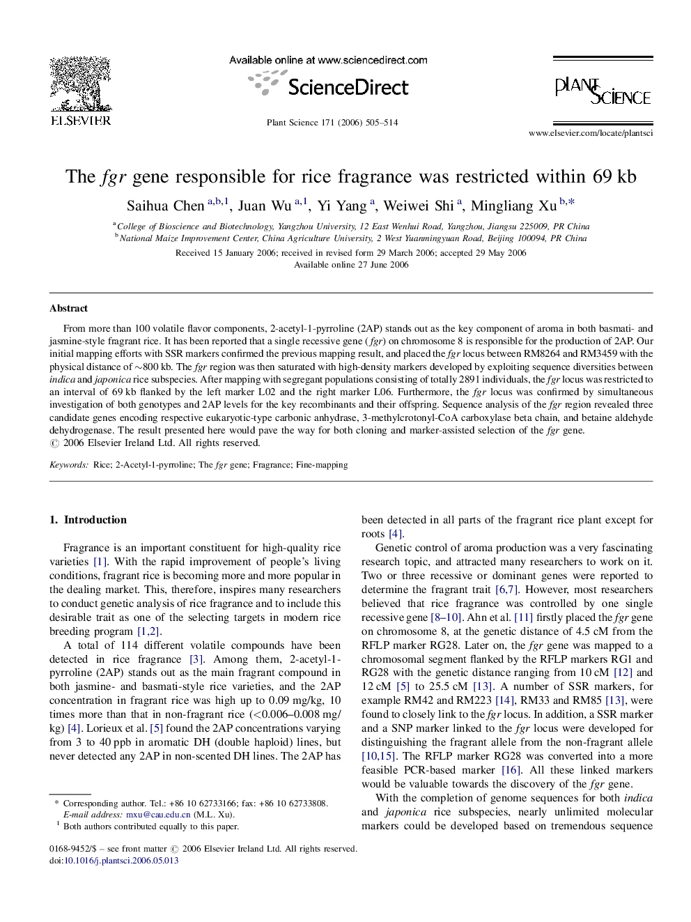 The fgr gene responsible for rice fragrance was restricted within 69 kb