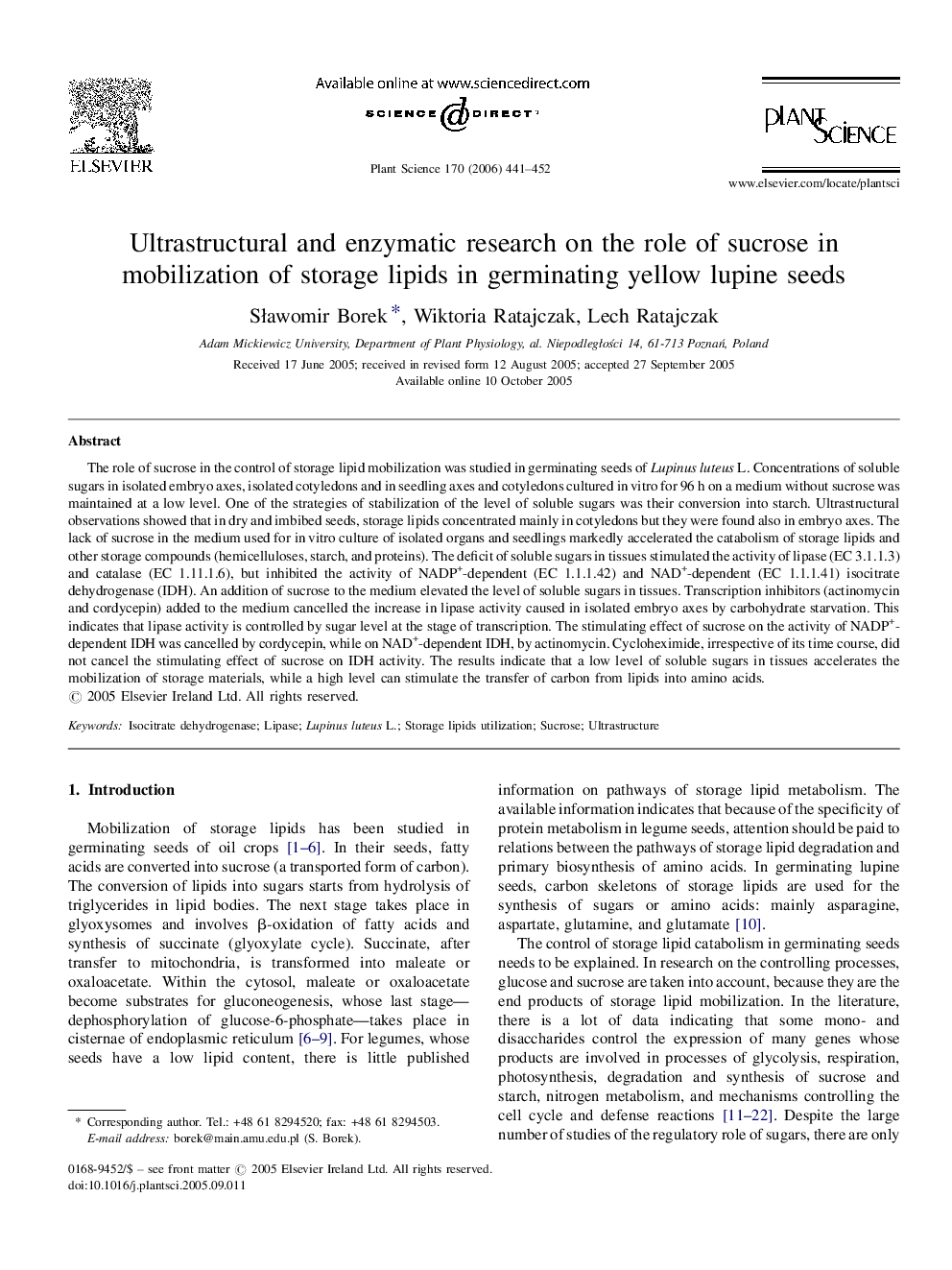 Ultrastructural and enzymatic research on the role of sucrose in mobilization of storage lipids in germinating yellow lupine seeds