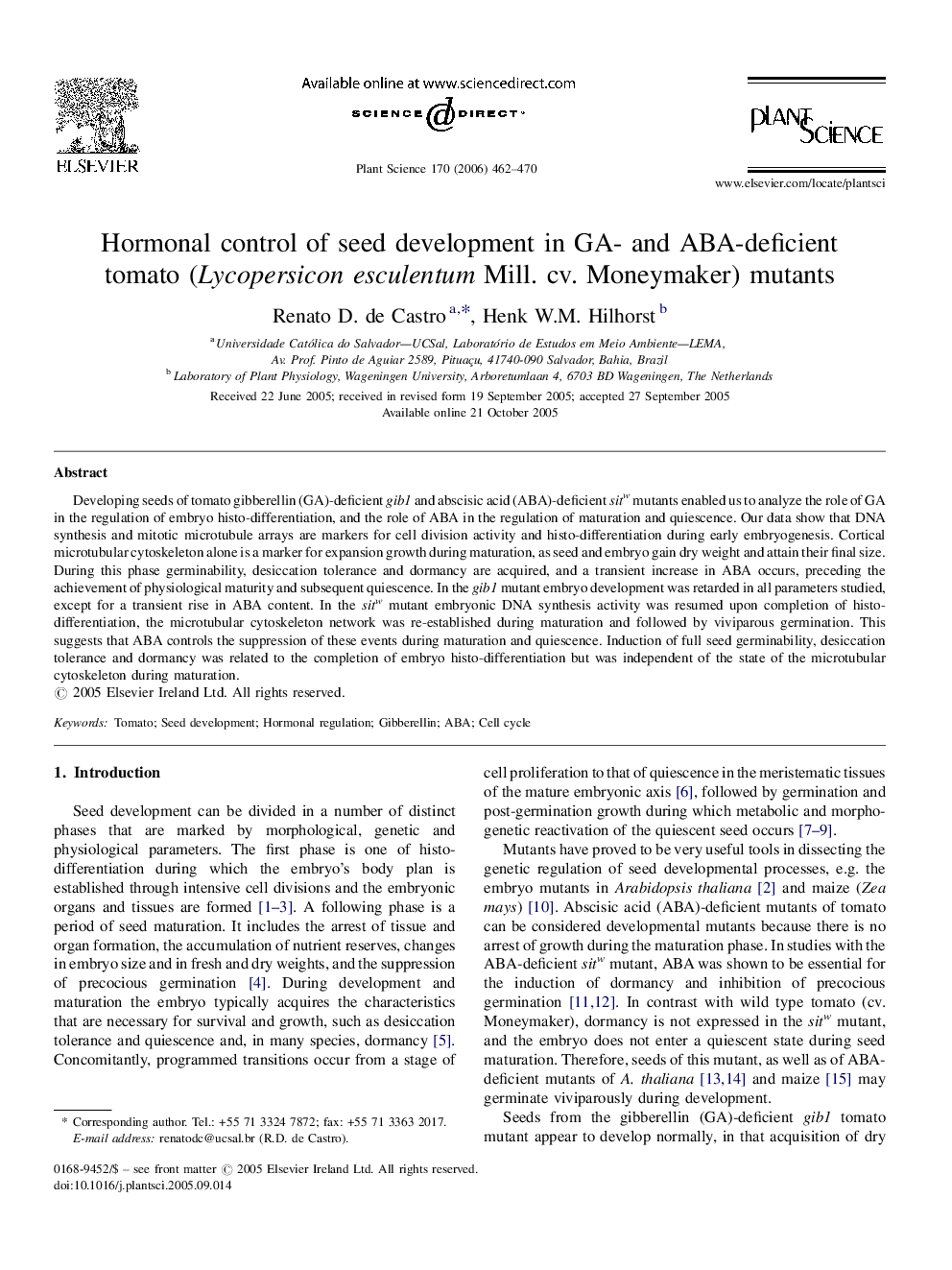 Hormonal control of seed development in GA- and ABA-deficient tomato (Lycopersicon esculentum Mill. cv. Moneymaker) mutants