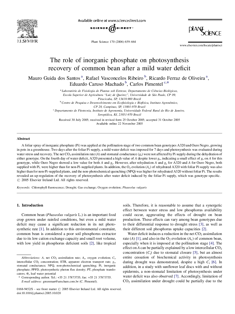 The role of inorganic phosphate on photosynthesis recovery of common bean after a mild water deficit