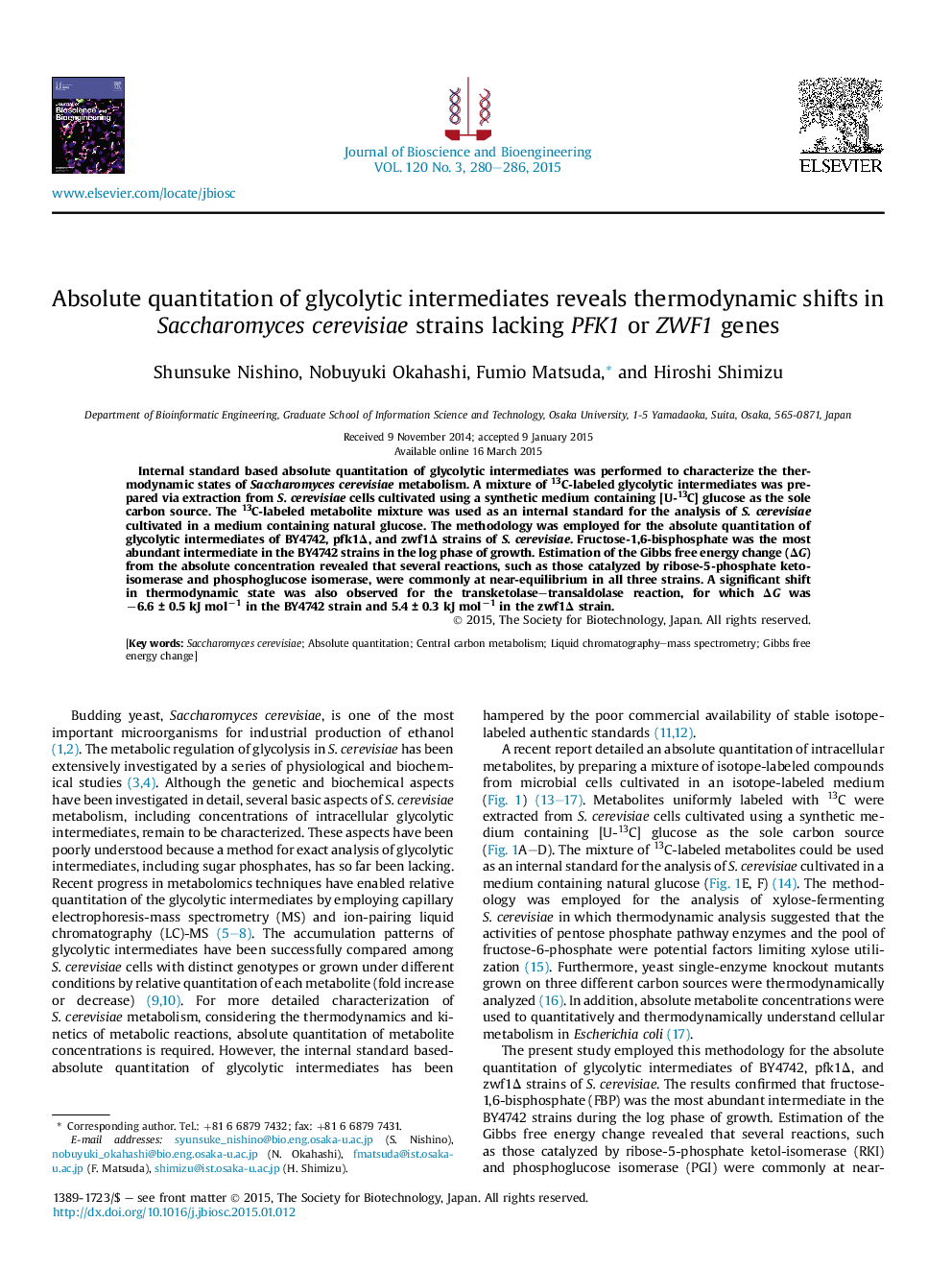 Absolute quantitation of glycolytic intermediates reveals thermodynamic shifts in Saccharomyces cerevisiae strains lacking PFK1 or ZWF1 genes