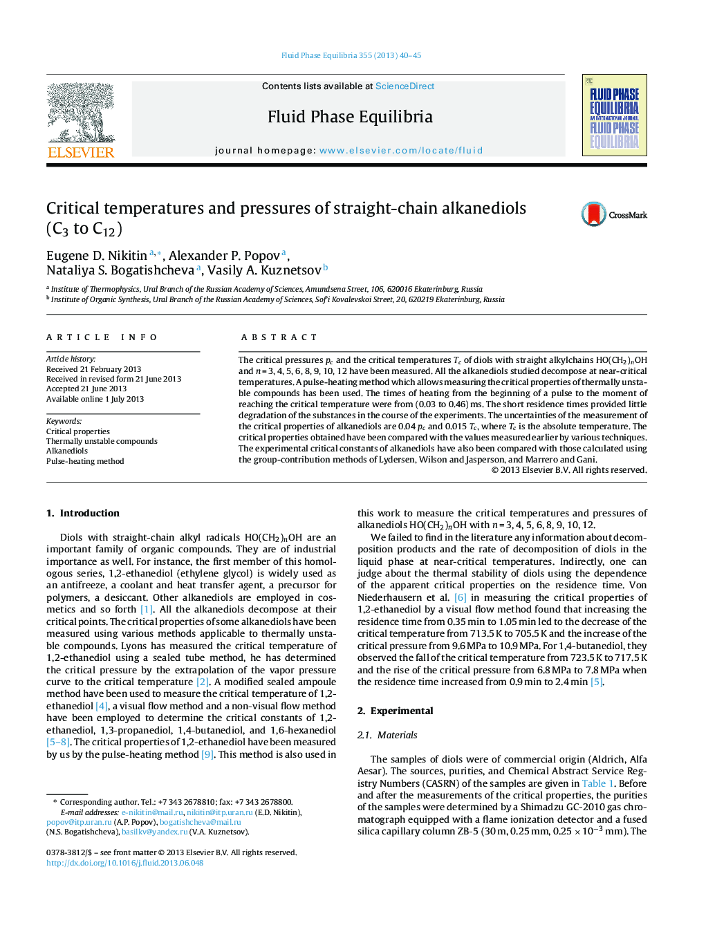 Critical temperatures and pressures of straight-chain alkanediols (C3 to C12)