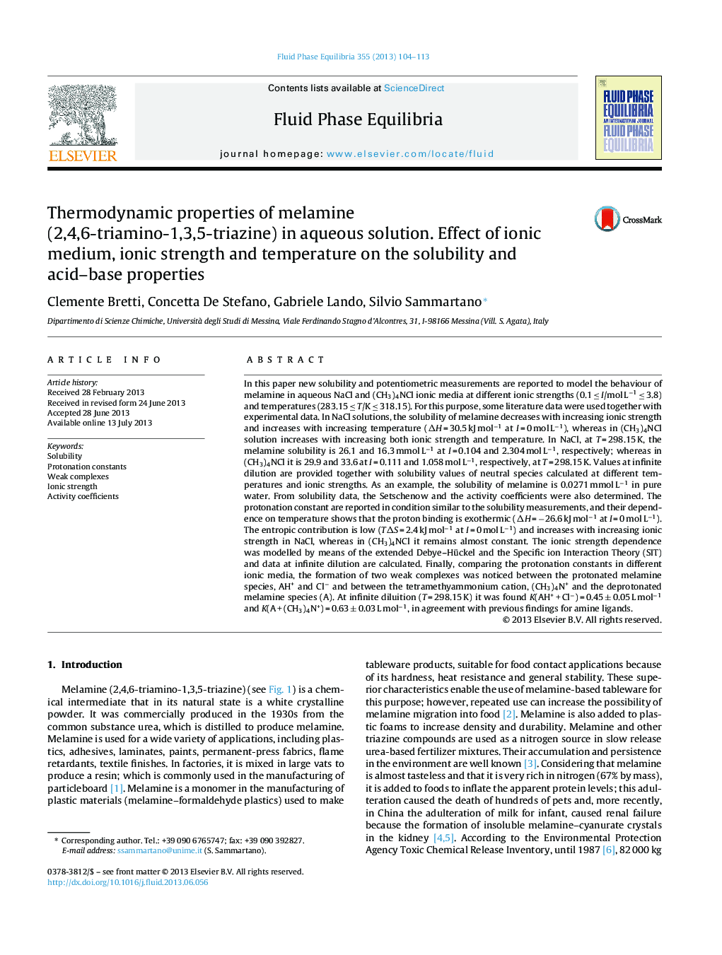 Thermodynamic properties of melamine (2,4,6-triamino-1,3,5-triazine) in aqueous solution. Effect of ionic medium, ionic strength and temperature on the solubility and acid–base properties