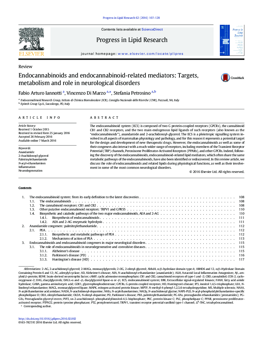 Endocannabinoids and endocannabinoid-related mediators: Targets, metabolism and role in neurological disorders