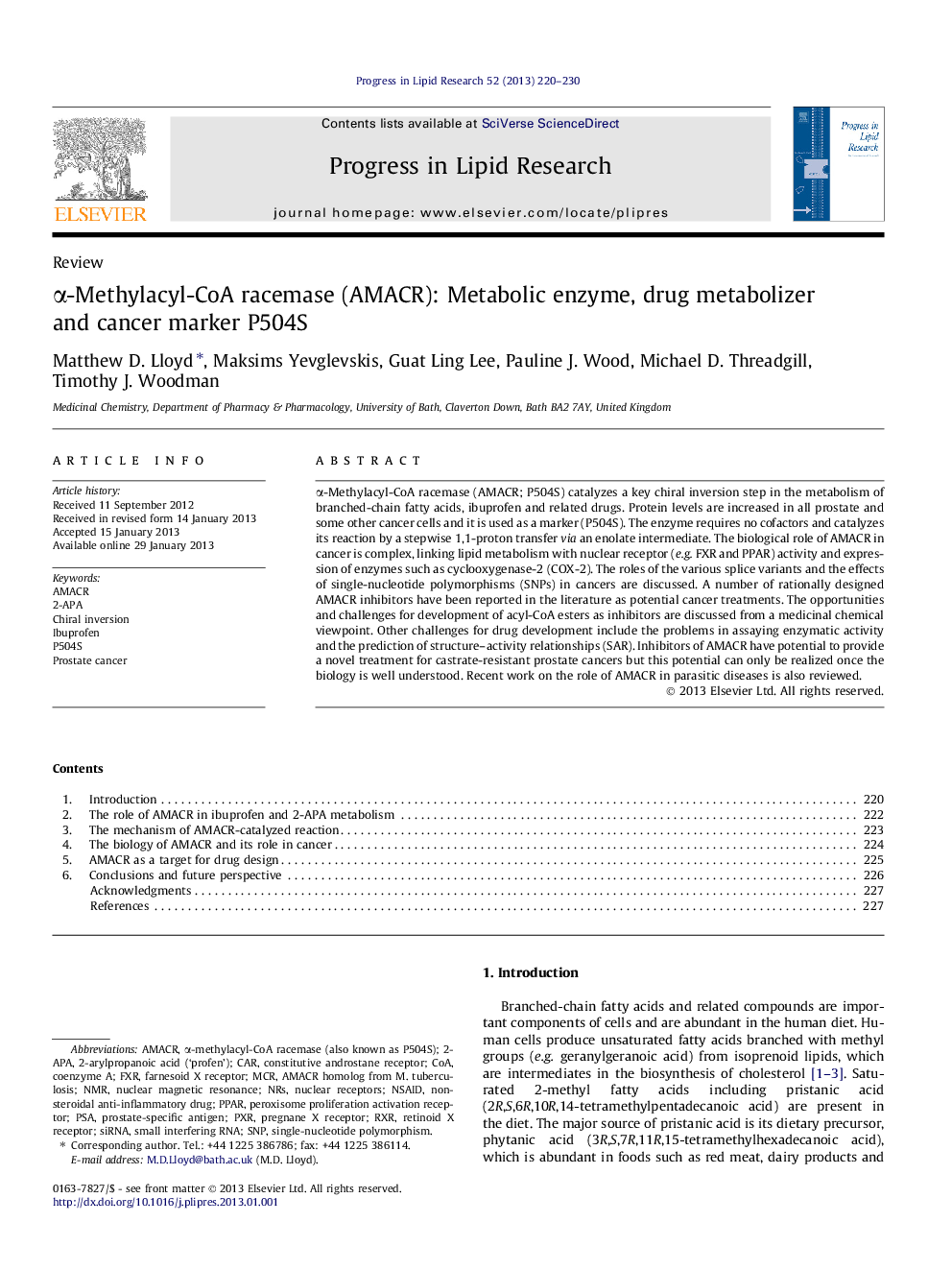 α-Methylacyl-CoA racemase (AMACR): Metabolic enzyme, drug metabolizer and cancer marker P504S