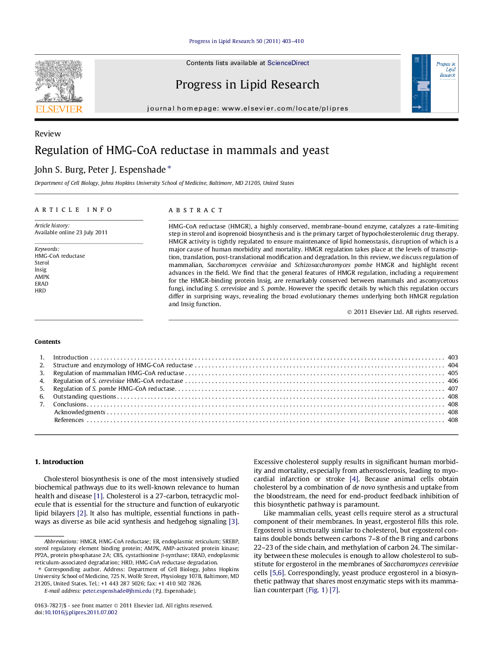 Regulation of HMG-CoA reductase in mammals and yeast