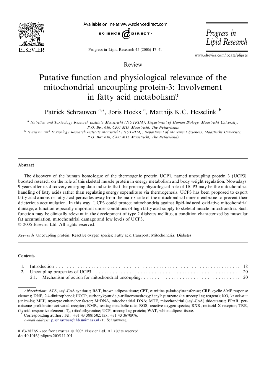 Putative function and physiological relevance of the mitochondrial uncoupling protein-3: Involvement in fatty acid metabolism?