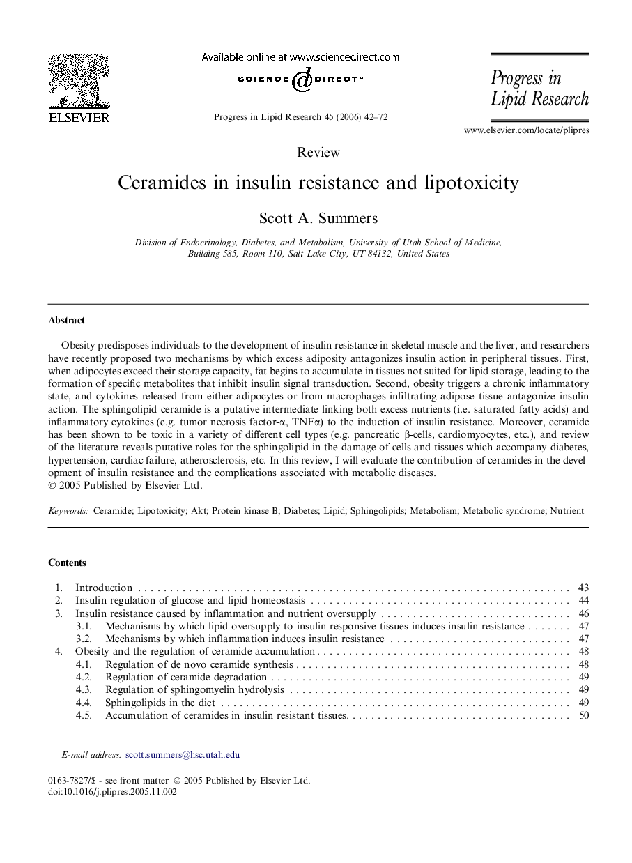 Ceramides in insulin resistance and lipotoxicity