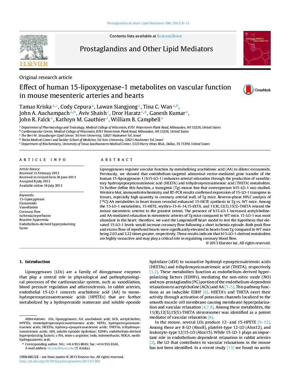 Effect of human 15-lipoxygenase-1 metabolites on vascular function in mouse mesenteric arteries and hearts