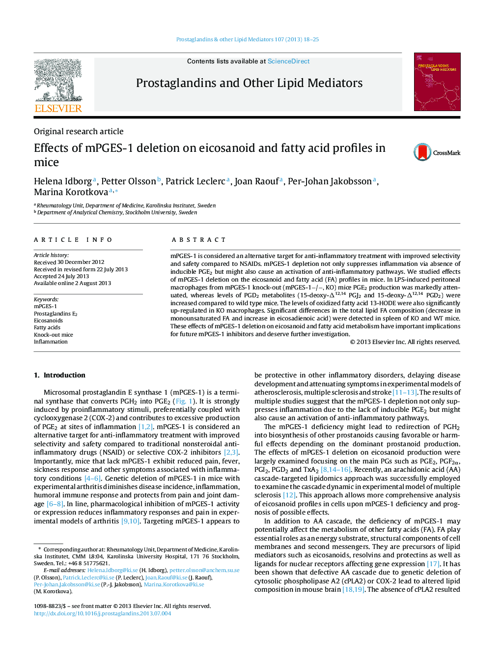 Effects of mPGES-1 deletion on eicosanoid and fatty acid profiles in mice