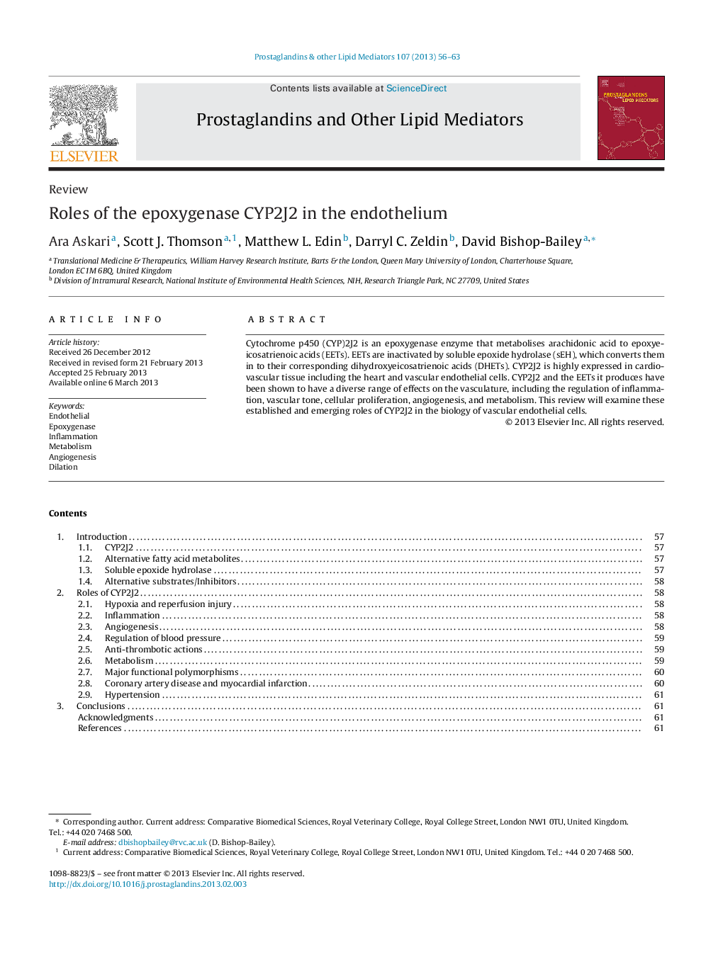 Roles of the epoxygenase CYP2J2 in the endothelium