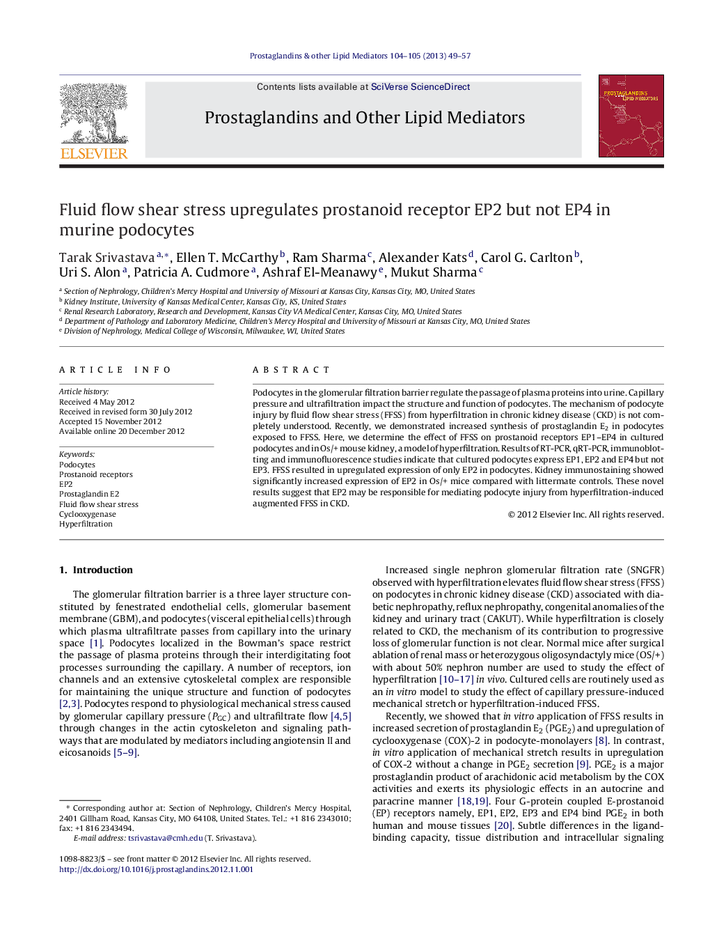 Fluid flow shear stress upregulates prostanoid receptor EP2 but not EP4 in murine podocytes