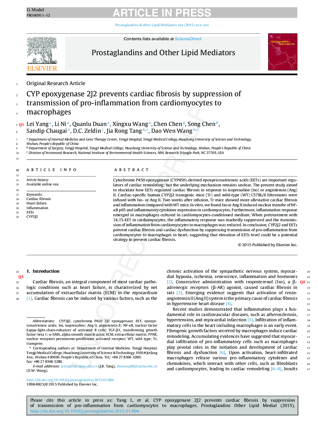 CYP epoxygenase 2J2 prevents cardiac fibrosis by suppression of transmission of pro-inflammation from cardiomyocytes to macrophages