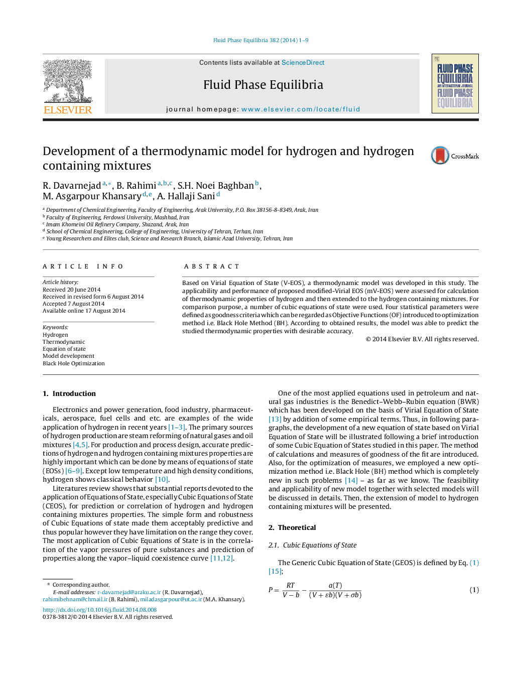 Development of a thermodynamic model for hydrogen and hydrogen containing mixtures