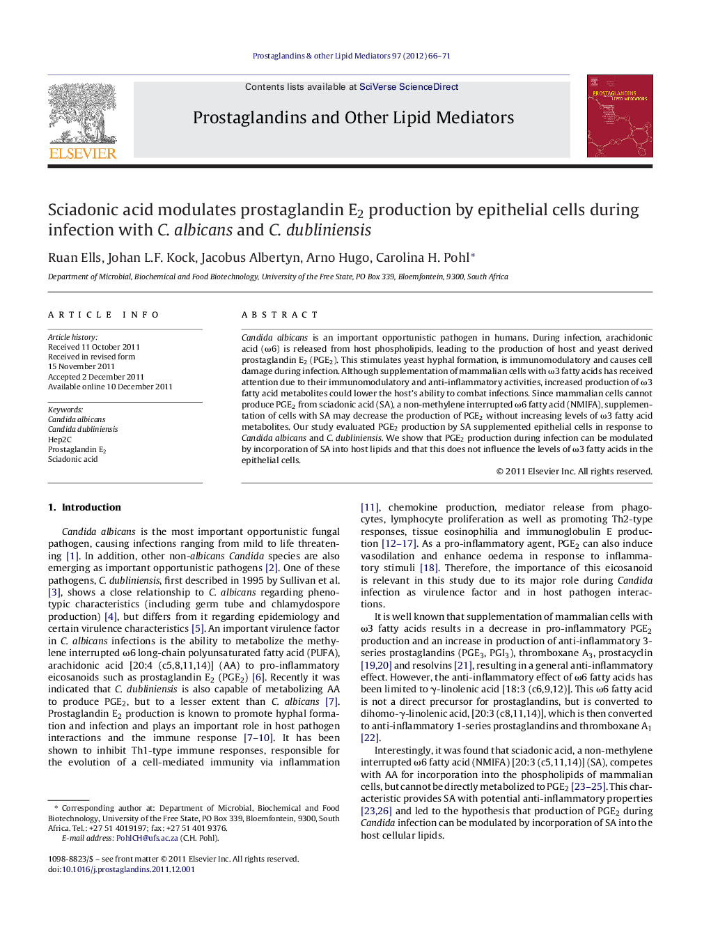 Sciadonic acid modulates prostaglandin E2 production by epithelial cells during infection with C. albicans and C. dubliniensis