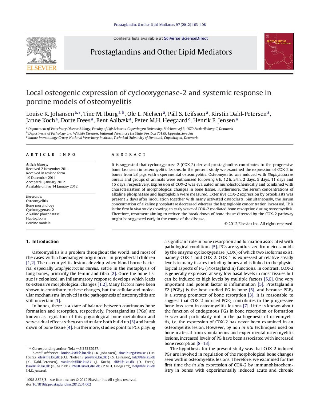 Local osteogenic expression of cyclooxygenase-2 and systemic response in porcine models of osteomyelitis