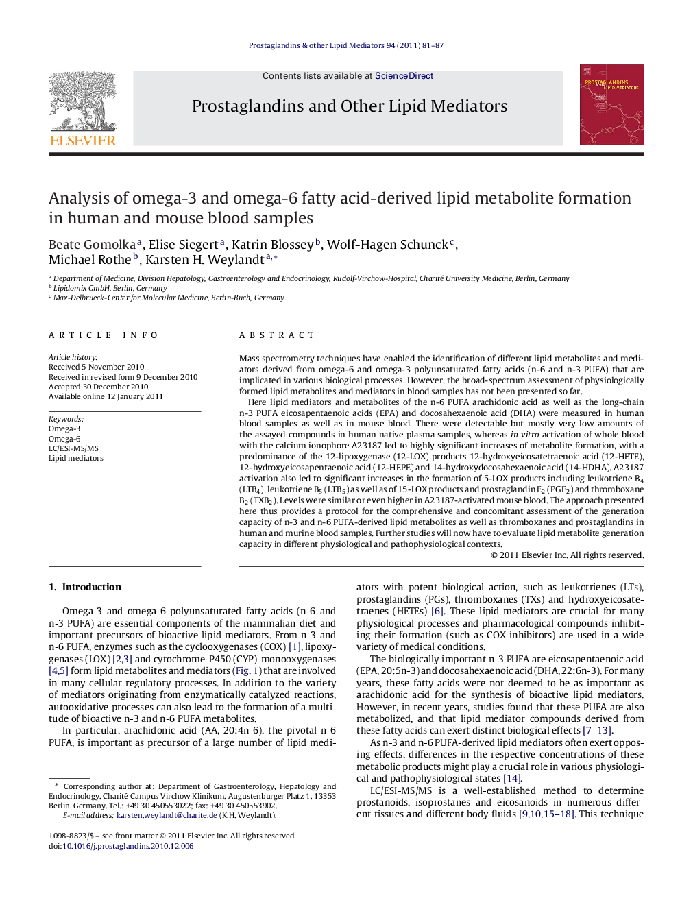 Analysis of omega-3 and omega-6 fatty acid-derived lipid metabolite formation in human and mouse blood samples