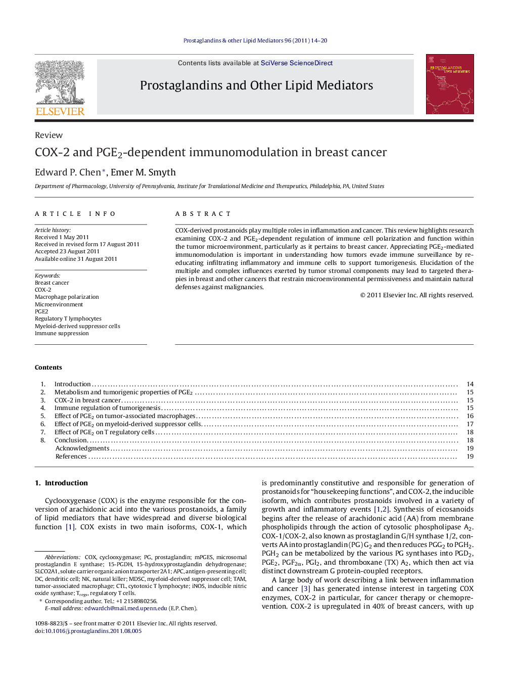 COX-2 and PGE2-dependent immunomodulation in breast cancer