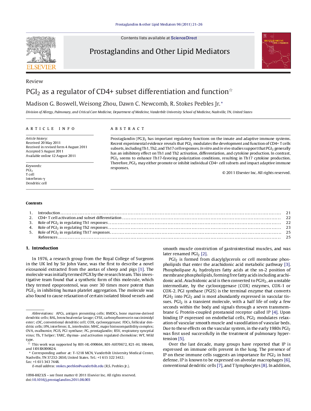 PGI2 as a regulator of CD4+ subset differentiation and function 