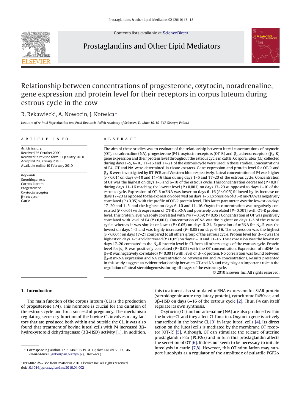 Relationship between concentrations of progesterone, oxytocin, noradrenaline, gene expression and protein level for their receptors in corpus luteum during estrous cycle in the cow