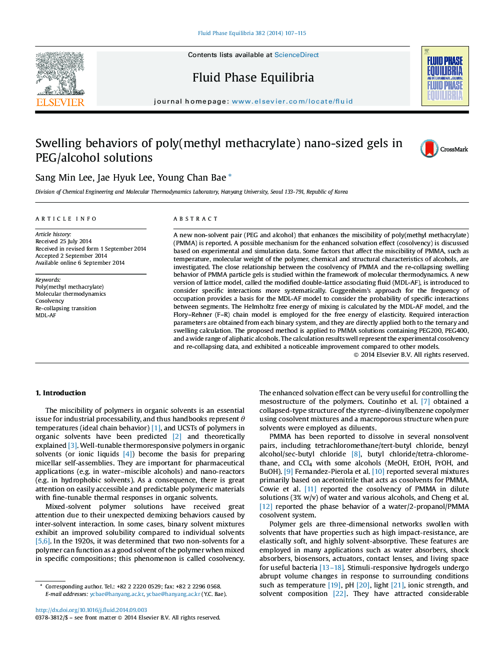 Swelling behaviors of poly(methyl methacrylate) nano-sized gels in PEG/alcohol solutions
