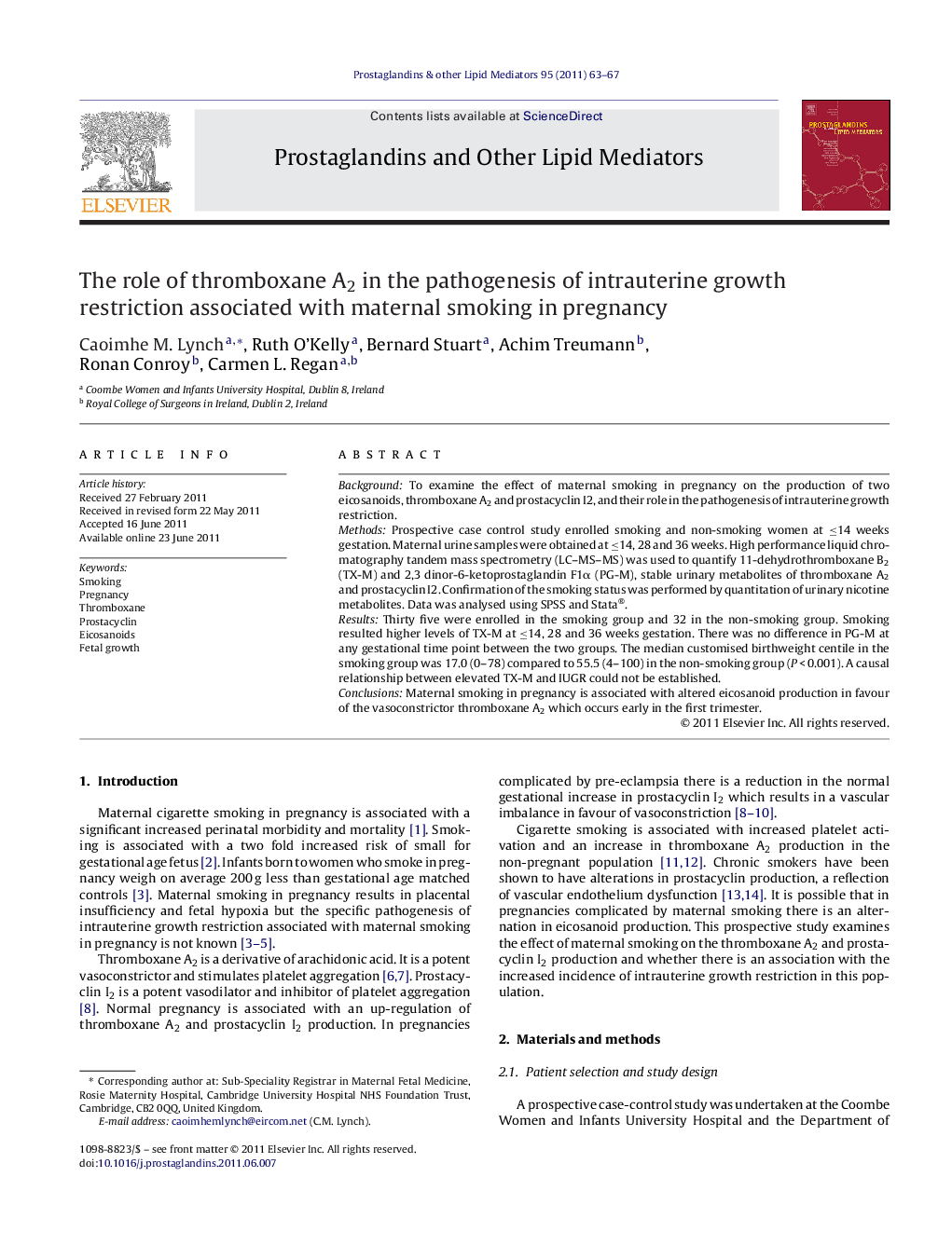 The role of thromboxane A2 in the pathogenesis of intrauterine growth restriction associated with maternal smoking in pregnancy