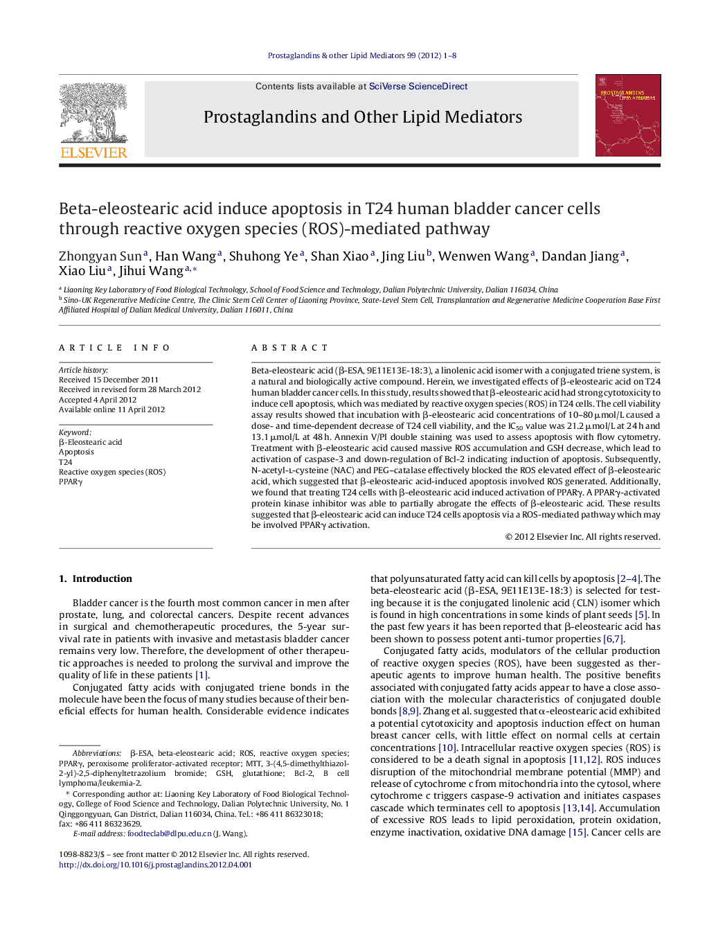 Beta-eleostearic acid induce apoptosis in T24 human bladder cancer cells through reactive oxygen species (ROS)-mediated pathway