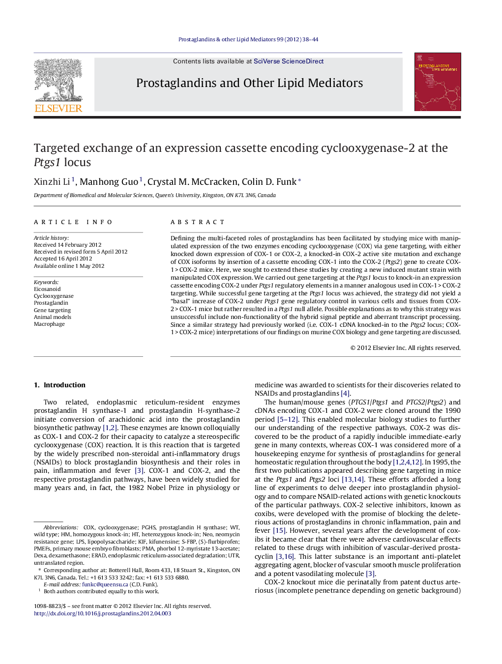 Targeted exchange of an expression cassette encoding cyclooxygenase-2 at the Ptgs1 locus