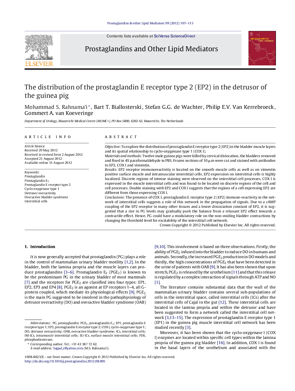 The distribution of the prostaglandin E receptor type 2 (EP2) in the detrusor of the guinea pig