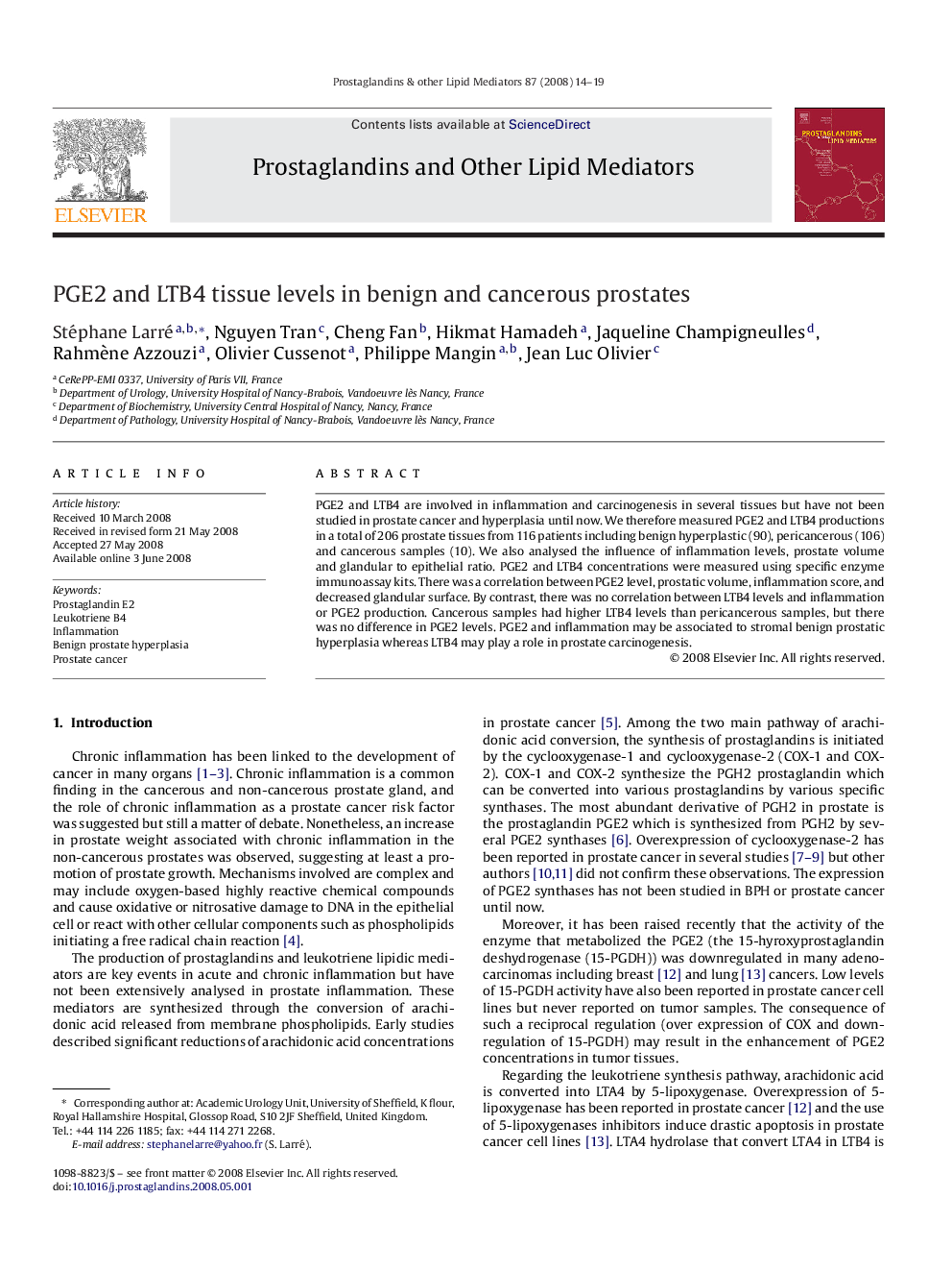 PGE2 and LTB4 tissue levels in benign and cancerous prostates