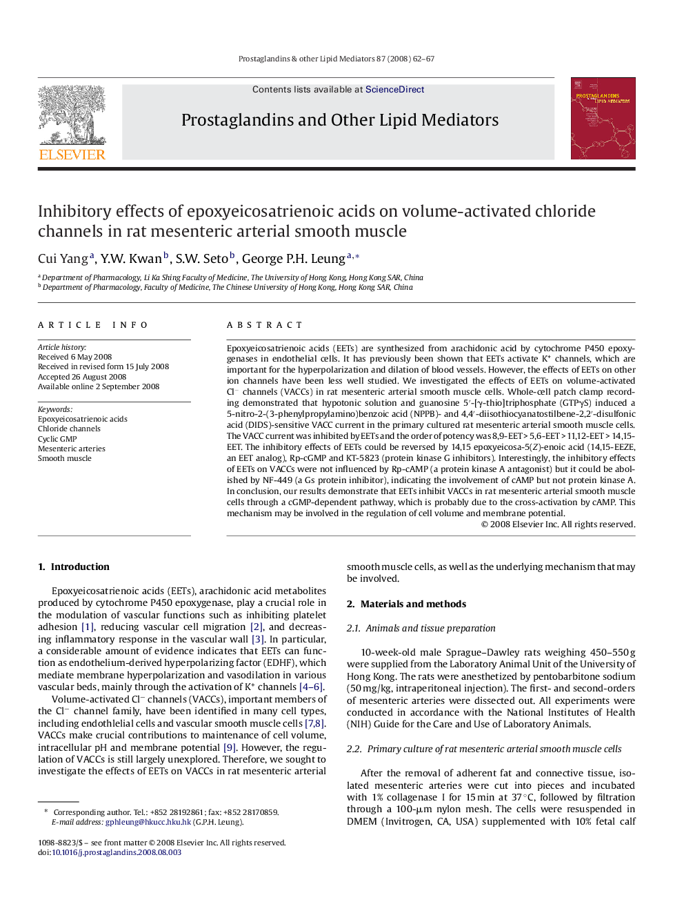 Inhibitory effects of epoxyeicosatrienoic acids on volume-activated chloride channels in rat mesenteric arterial smooth muscle