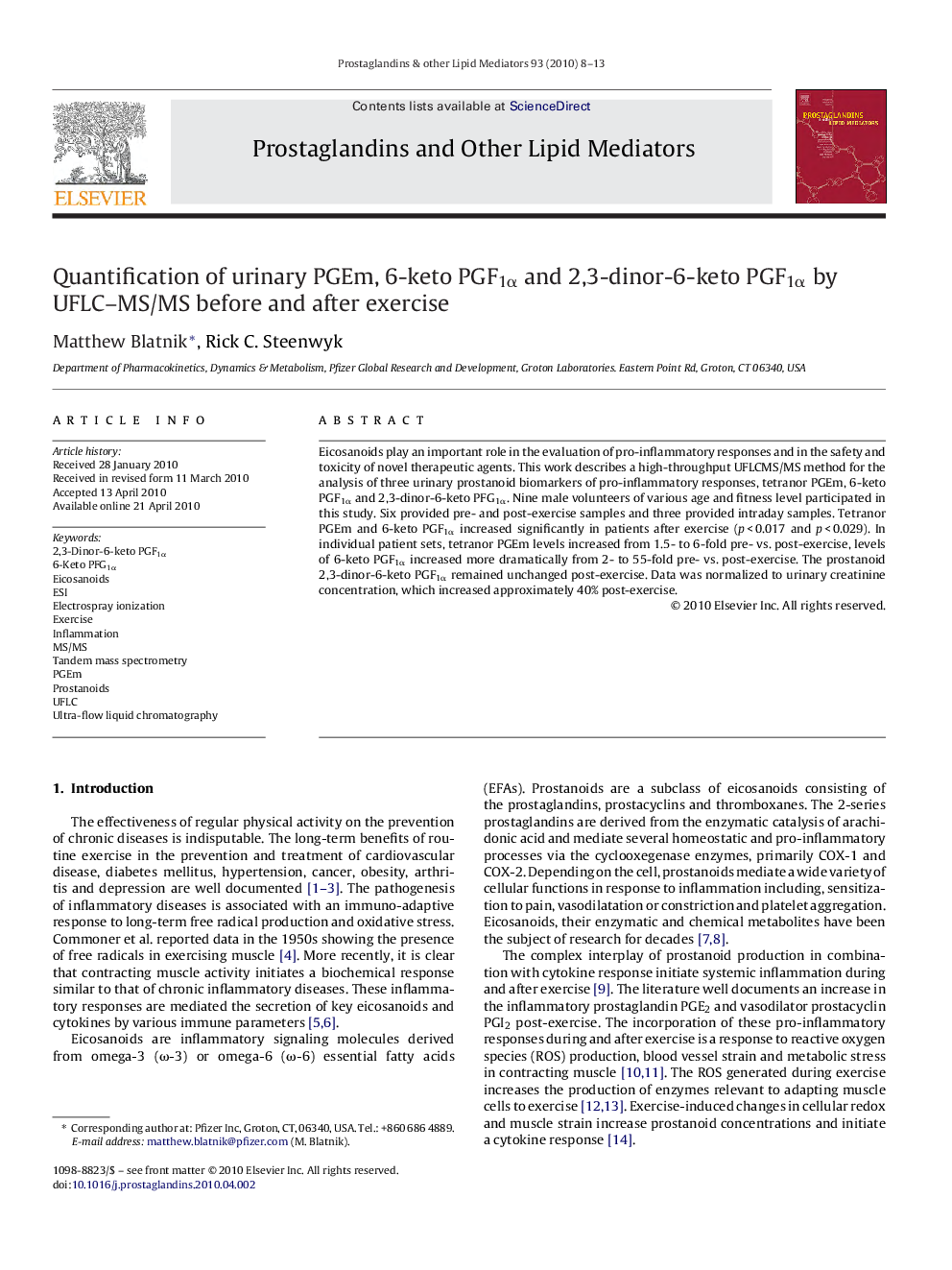 Quantification of urinary PGEm, 6-keto PGF1α and 2,3-dinor-6-keto PGF1α by UFLC–MS/MS before and after exercise