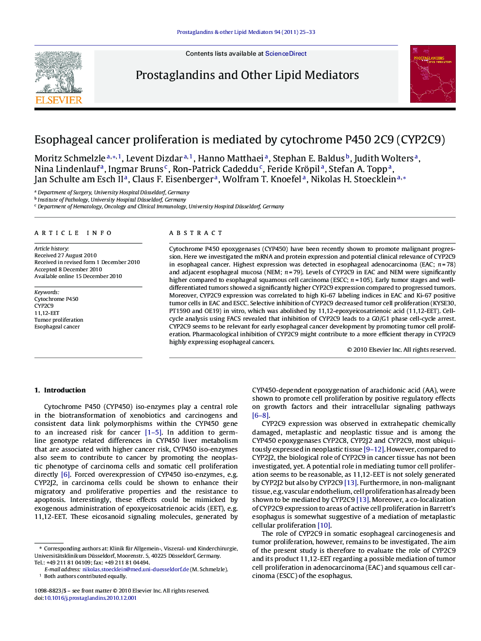 Esophageal cancer proliferation is mediated by cytochrome P450 2C9 (CYP2C9)