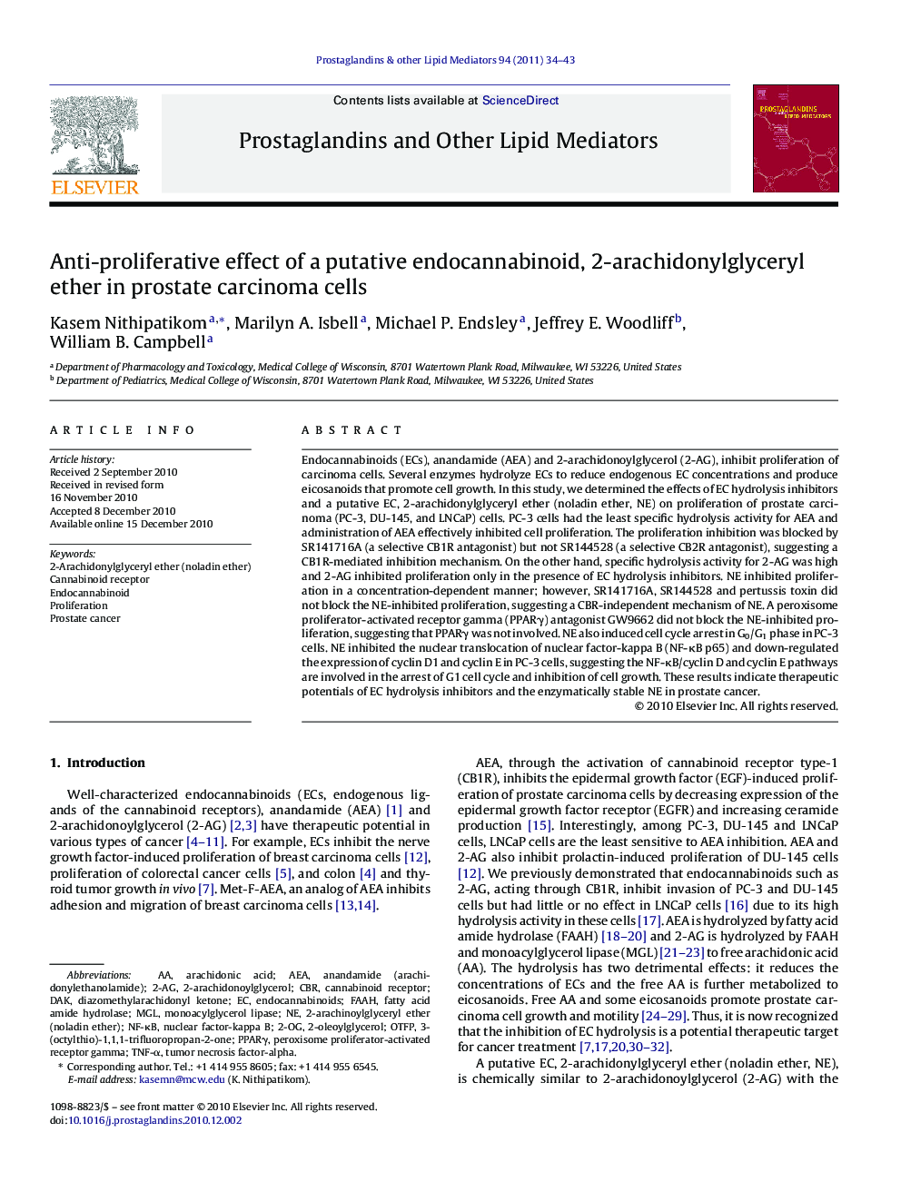 Anti-proliferative effect of a putative endocannabinoid, 2-arachidonylglyceryl ether in prostate carcinoma cells